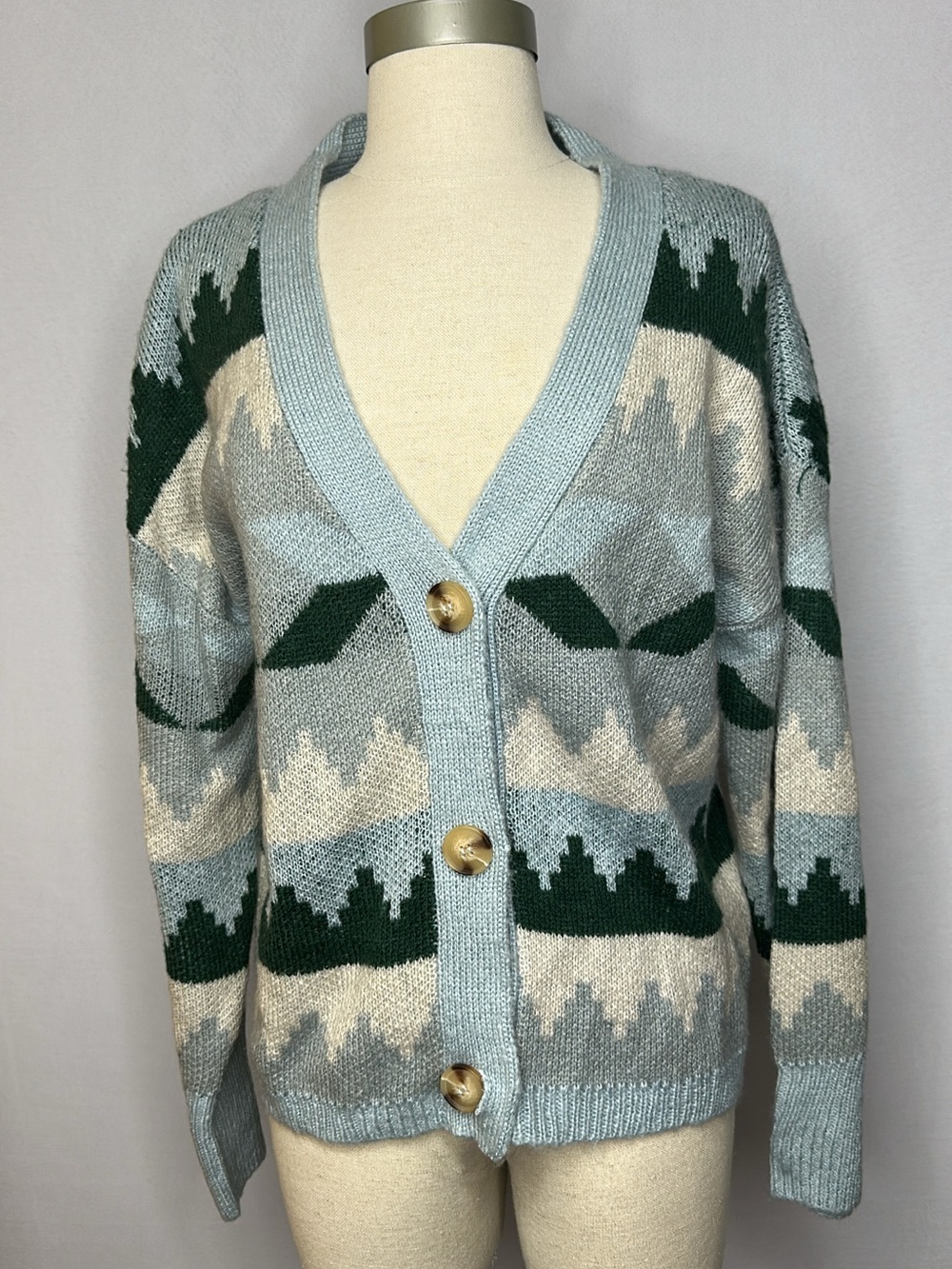 C&C California Light Blue, Cream & Dark Green Knit Cardigan